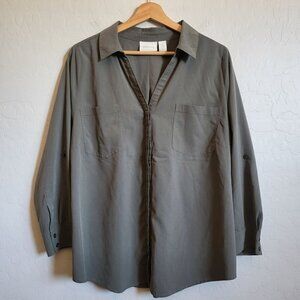 Chico's Soft Modal Blend Split V-Neck Top Button Up Roll Tab Green Sz Women's XL